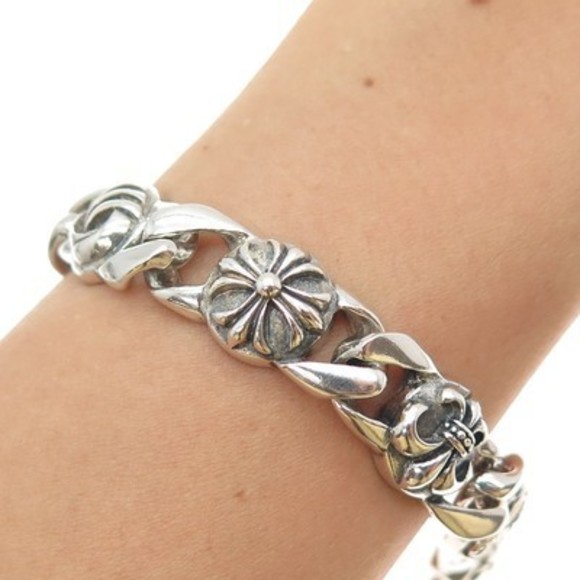 925 Sterling Silver Vintage Fleur de Lis Cross Oxidized Anchor Link Bracelet 8" - Picture 1 of 8